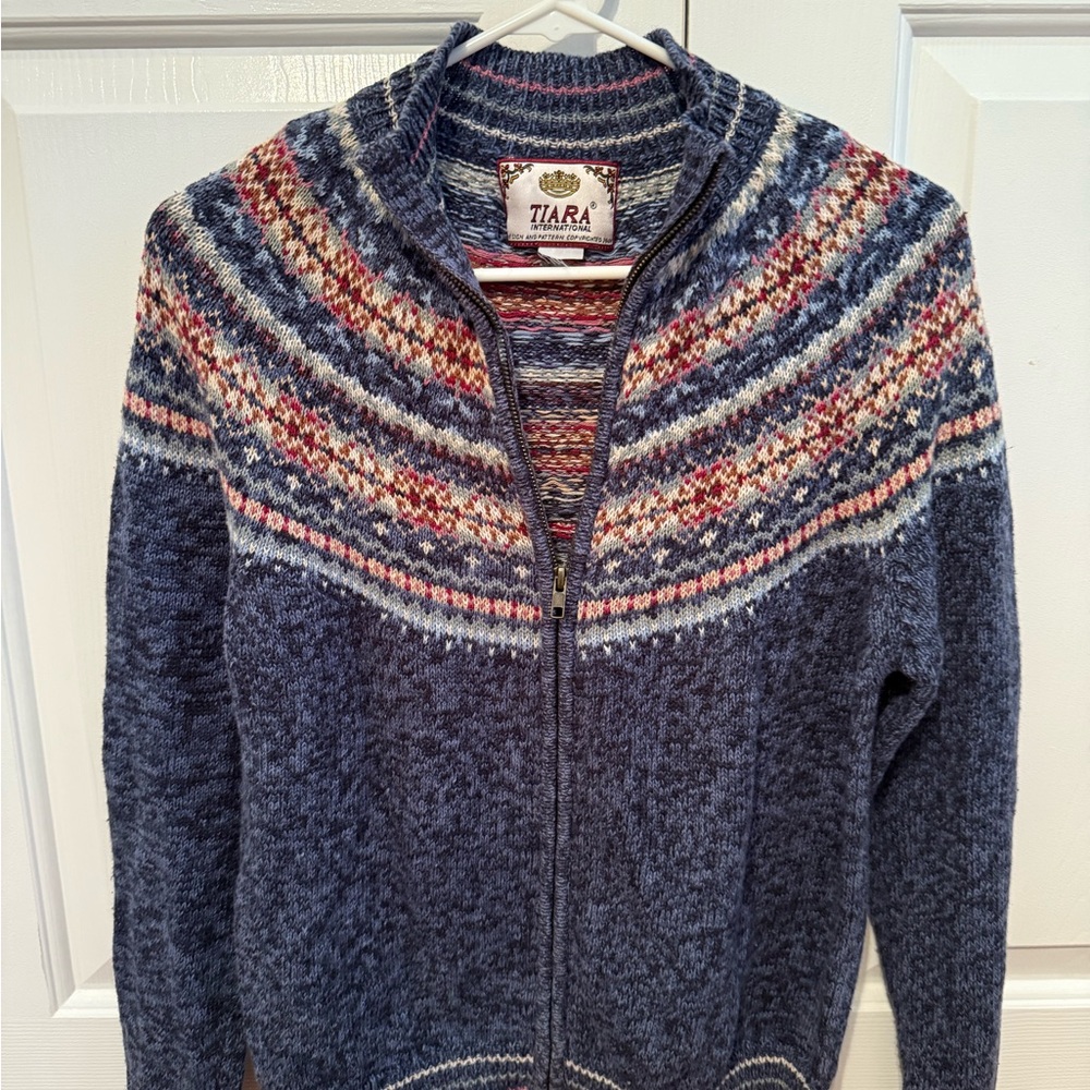 Tiara Blue and Red Zip Up Sweater with Fair Isle Pattern